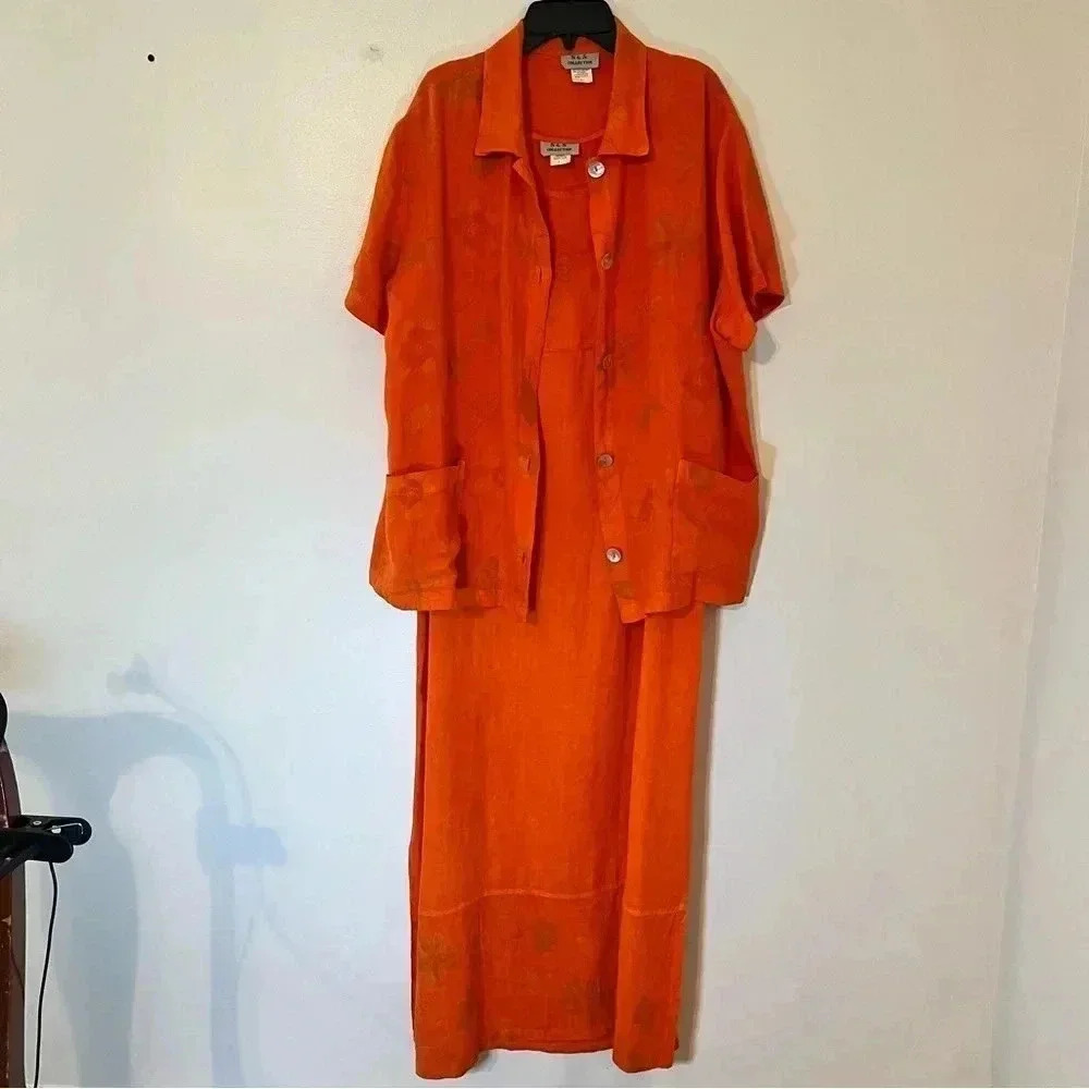 Orange Midi Dress with Button Front Jacket - Women's Two-Piece Set